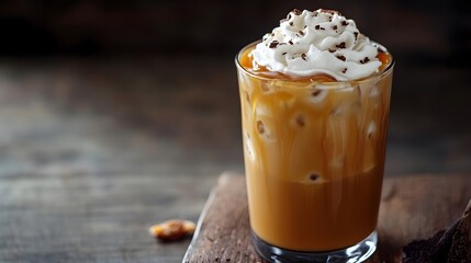 A close up photograph of a refreshing iced caramel macchiato with a layer of whipped cream in a glass set on a cafe table showcasing the indulgent and luxurious nature of this gourmet coffee treat