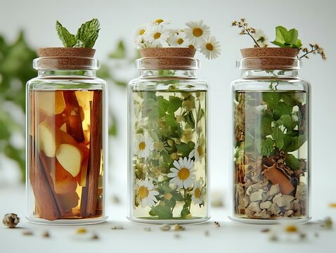 Three Glass Bottles with Herbs and Flowers - 3D Illustration