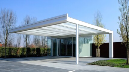 Obraz premium Modern parking shed with a polycarbonate roof in a clean white finish, copy space