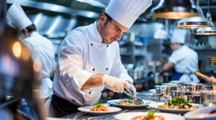 Skilled chef cooking a sophisticated meal in an upscale restaurant kitchen. Representing the art of fine dining.