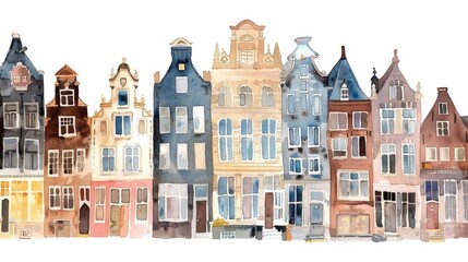 Fototapeta premium Watercolor illustration of picturesque buildings, capturing urban architecture and design.