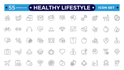 Healthy Lifestyle icon set with nutrition, exercise, sleep, stress management, hydration, mental, mindfulness, and yoga. Healthy Lifestyle outline icon set. Editable stroke outline icon. 