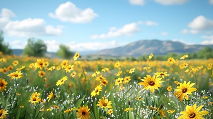 Fototapeta premium A vibrant field of yellow flowers under a blue sky with fluffy clouds and distant mountains.