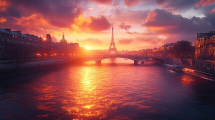 Fototapeta premium Eiffel Tower beautifully framed by autumn at sunset, showcasing the romance of Paris.