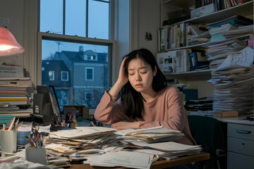 Stressed Young Woman Overwhelmed with Work in a Late-Night Office Setting