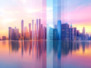 Obraz premium Colorful Gradient Skyline of Modern Urban City Reflecting in Waterfront at Sunset