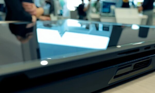 Dynamic Close-up of Laptop Keyboard in Modern Computer Store