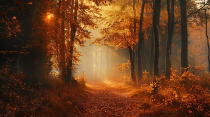 Fototapeta premium Sunlit Path Through Autumnal Forest