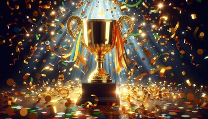 A dramatic display of golden trophy, capturing the excitement of a winning moment