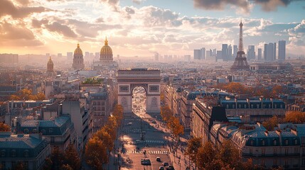 Obraz premium World landmarks travel illustration - Eiffel tower, Big Ben, Liberty statue, USA, Europe, France