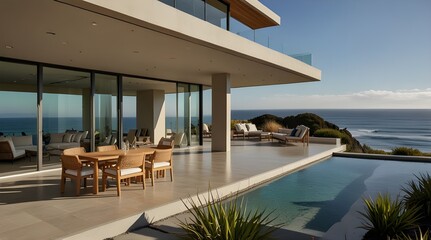Woman in dress walking on sunny, modern, luxury home showcase exterior patio with ocean view. generative.ai