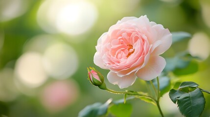 A beautiful close up photograph of a delicate soft pink rose in full bloom set against a blurred green and natural background creating a serene and romantic atmosphere