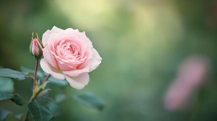 Obraz premium A beautiful delicate pink rose in full bloom surrounded by lush green foliage and a blurred background creating a peaceful and tranquil garden scene