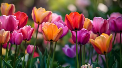 Obraz premium A photograph of vibrant tulips in full bloom with space on the side for text capturing the colorful and seasonal beauty of springtime