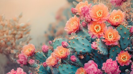 Obraz premium Stunning photograph showcasing a beautiful cactus plant with vibrant colorful flowers in a serene desert setting The lush blooms contrast beautifully against the arid rugged landscape