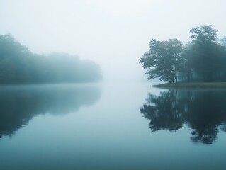 Misty Lake Landscape Photograph with Trees Reflected in the Water