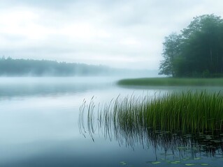 Fototapeta premium Misty Lake Landscape Photography with Tall Green Grass and Reflected Trees