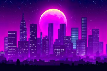 A neon-lit cityscape under a giant pink moon.