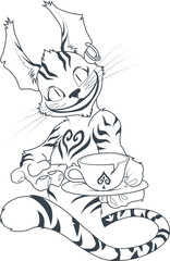 Joker cat offering a cup of tea cartoonish line art illustration