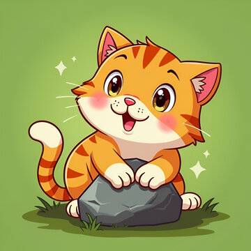 Cute happy caroon cat near a rock