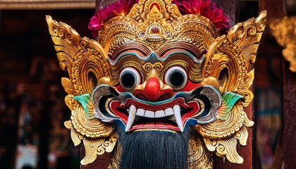 Fototapeta premium Indonesian Balinese mask called Barong; Balinese masks symbolize the spirits from the ancestral world; scary and terrifying Balinese mask; spiritual and traditional mask in Bali Indonesia