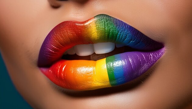 Closeup view of a female rainbow lips; beauty photography; a young female with rainbow lipstick on her lips 