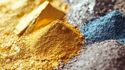 Fototapeta premium Golden Sands: A close-up view of a diverse array of minerals in their raw form, showcasing the captivating beauty of nature's treasures. The hues of gold, silver.