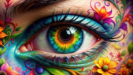Vibrant close-up of a human eye with a bold, colorful tattoo of a blooming flower and swirling patterns encircling the iris and eyelid.