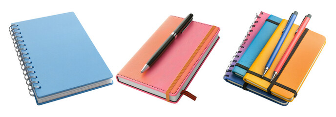 Notebooks and pens set isolated on transparent background with various colors and styles.