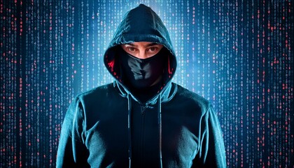 A dark web hacker wearing a hoodie and face mask with a matrix wall of codes in the background; white hat and black hat hackers; cybersecurity and cyber intelligence; information technology innovation