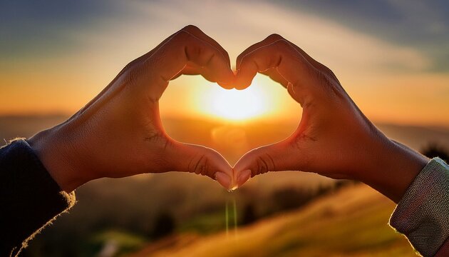 Two hands join together to create the heart shape hand gesture during sunset; a heart shape hand gesture during sunset at the field; landscape photography; selective focus; blurred background