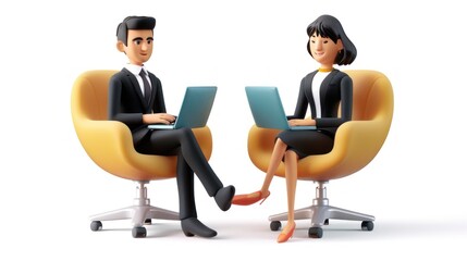 Obraz premium Two cartoon people sitting on chairs with laptops