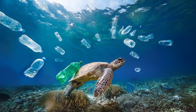A sea turtle swimming thru plastic trash and pollution in the ocean with clear blue sea water; pollutions and environmental hazards; wildlife in the ocean enduring pollution by humans; save the planet