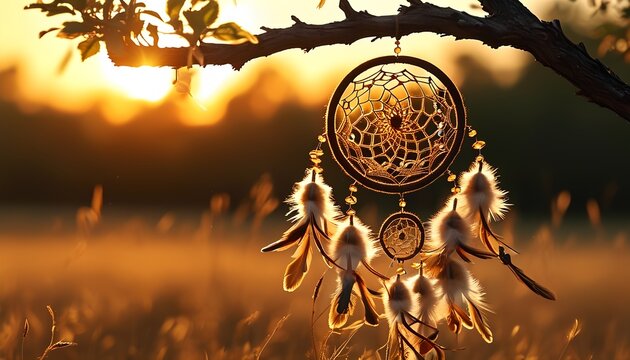 A dreamcatcher with intricate webbing and delicate feathers, hanging from a tree branch at sunset. The dreamcatcher is illuminated by the warm, golden light of the setting sun, casting long shadows ac - Powered by Adobe