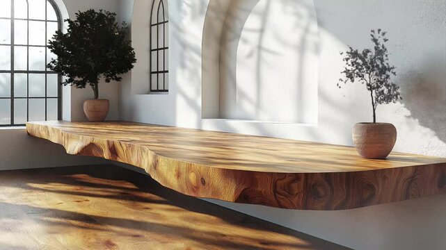 Interior wooden podium or table in sunlight, leaf foliage shadow on white wall product display animation looping video style background 