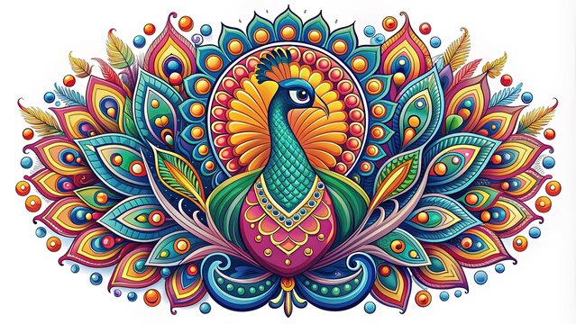 Vibrant colors and intricate patterns adorn a stylized Indian-inspired logo featuring a majestic peacock, symbolic of national pride and cultural heritage.