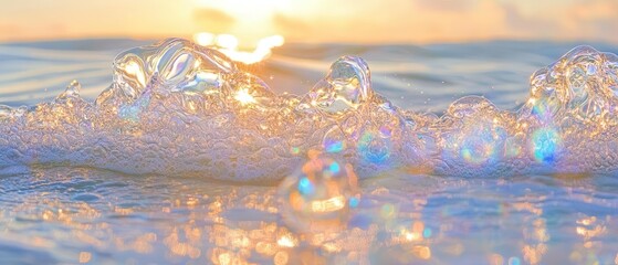 Beautiful close-up of ocean bubbles reflecting the sunset, creating a serene and tranquil beach atmosphere.