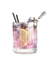 Glass of fresh lavender lemonade with flowers on white background