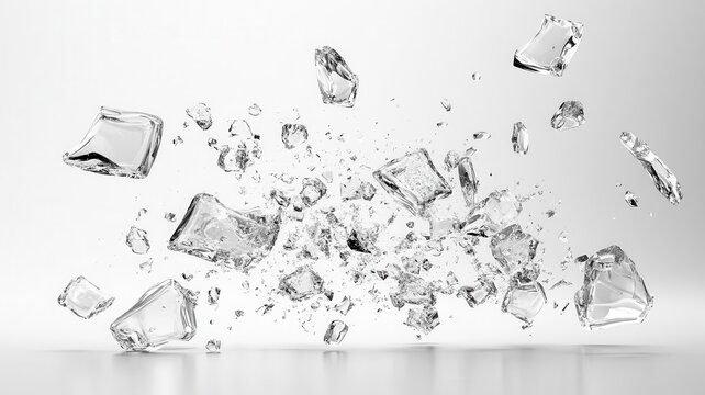 Dynamic explosion of crystal-clear ice fragments frozen in time, showcasing intricate shapes and reflections.