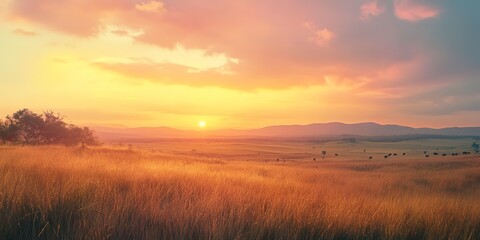serene sunrise over a vast savannah