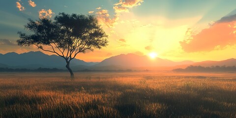 Fototapeta premium serene sunrise over a vast savannah