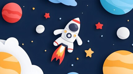 Naklejka premium Cute astronauts, whimsical space scene, rockets launching, vibrant stars, child-friendly
