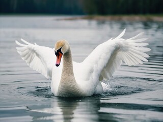An elegant white swan with outstretched wings glides across a quiet lake against the background of a foggy morning