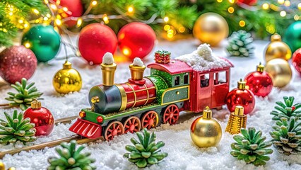 Vibrant colorful toys and ornaments surround a festive holiday toy train set on a snowy white background, adorned with greenery and tiny Christmas lights.