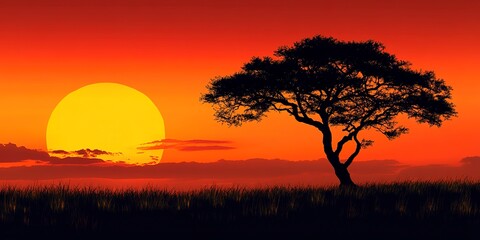Obraz premium silhouette of tree at sunset in savanna