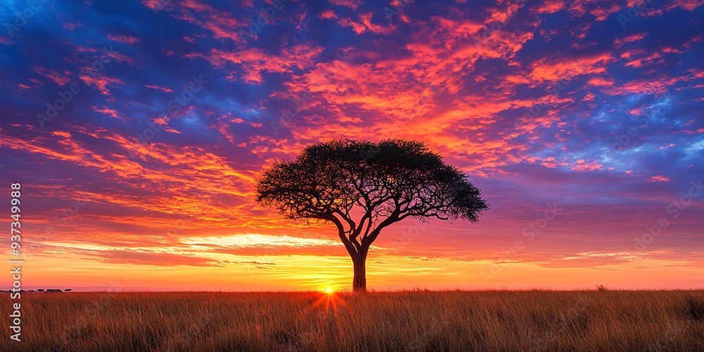 Poster A captivating sunrise paints the savanna landscape, casting a golden glow and silhouetting a lone tree against the vibrant sky 