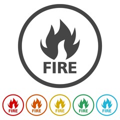 Fire flames Icon. Set icons in color circle buttons