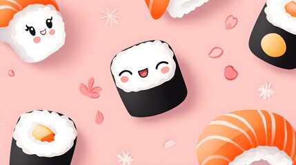 Cute kawaii sushi, smiling faces, pastel background