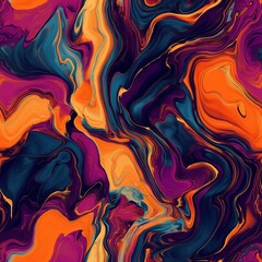 Obraz premium Abstract pattern featuring swirling marble effects in bold, contrasting colors, orange, blue, and purple. Vibrant, dynamic design adds energetic, modern vibes, perfect for a statement piece in decor.