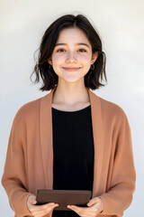 Smiling Young Woman Holding Tablet in Modern Bright Interior